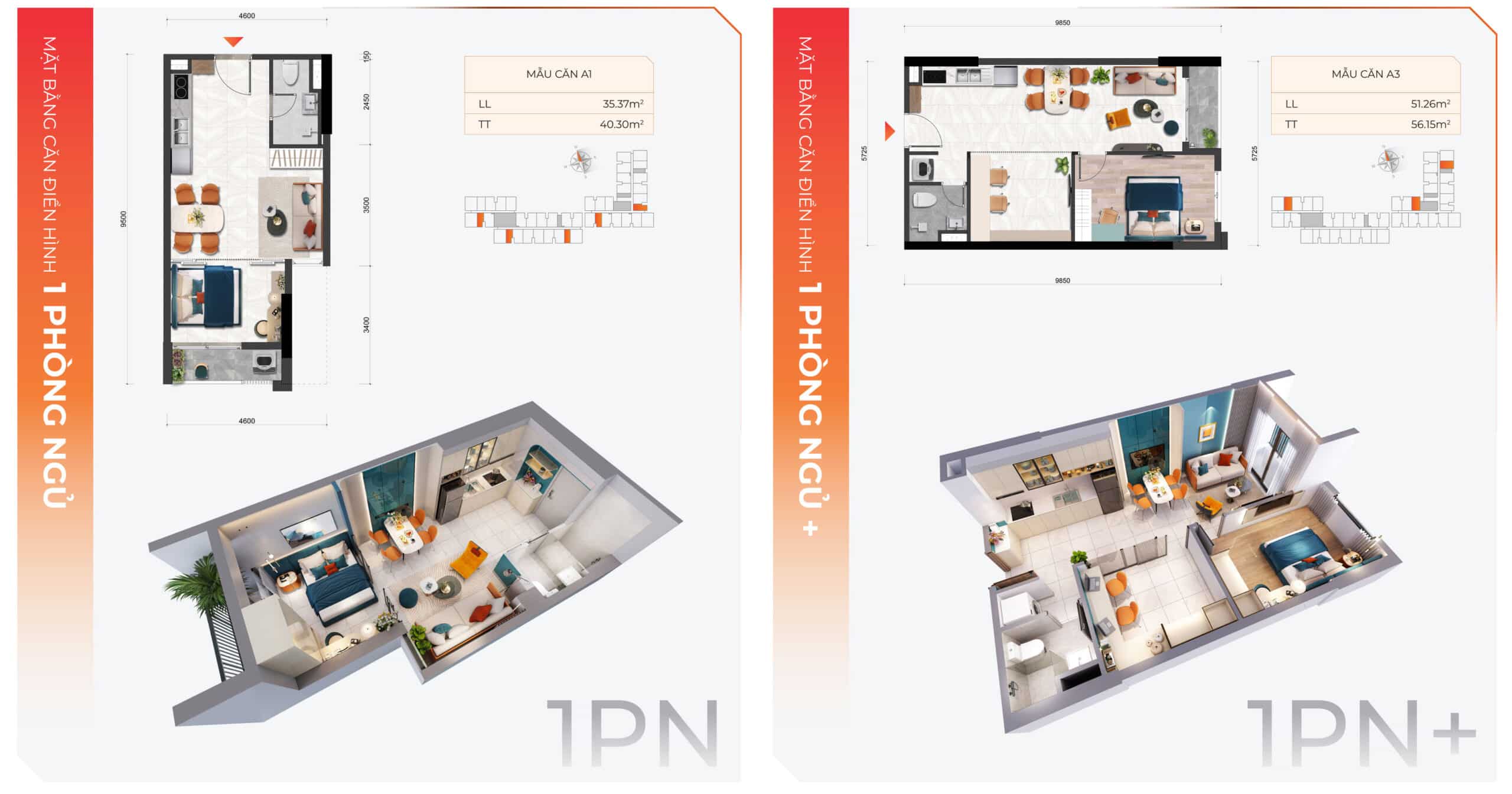 Bản vẽ thiết kế căn hộ loại 1PN và 1PN+
